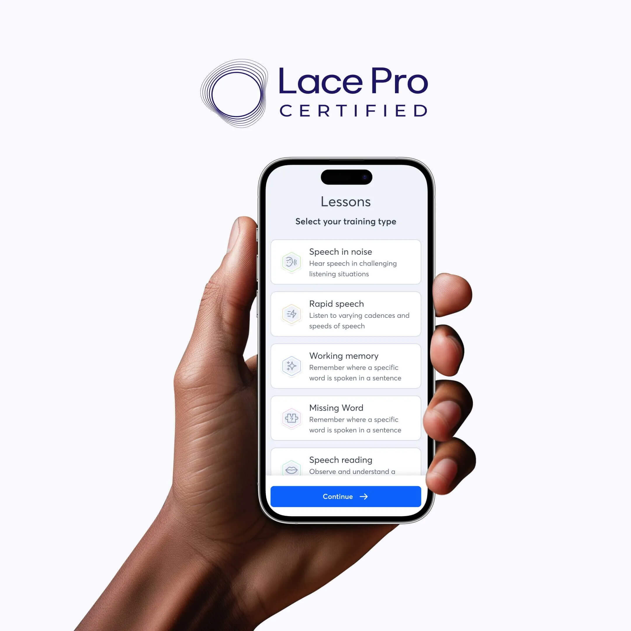 LACE Pro Certified logo above a hand holding a smartphone showing LACE Pro training lessons